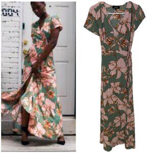 Aakaa Green & Pink Maxi Pullled In Waist Dress | Vacation Glamour Small